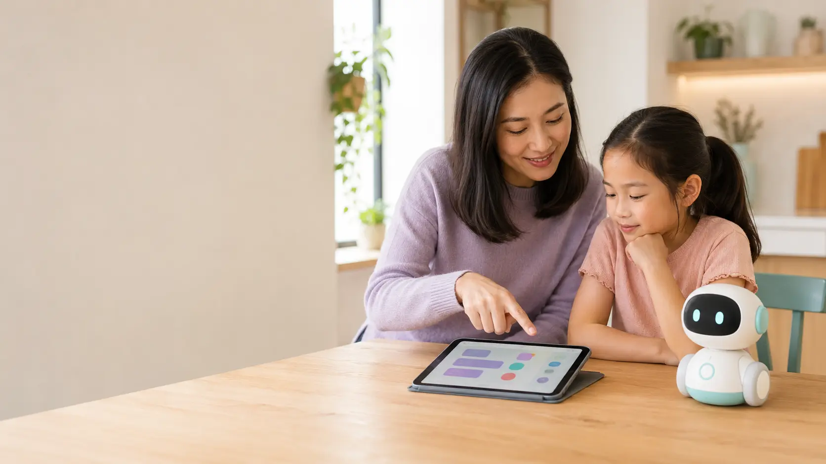 A mother and child reviewing the settings for a generic connected learning robot together