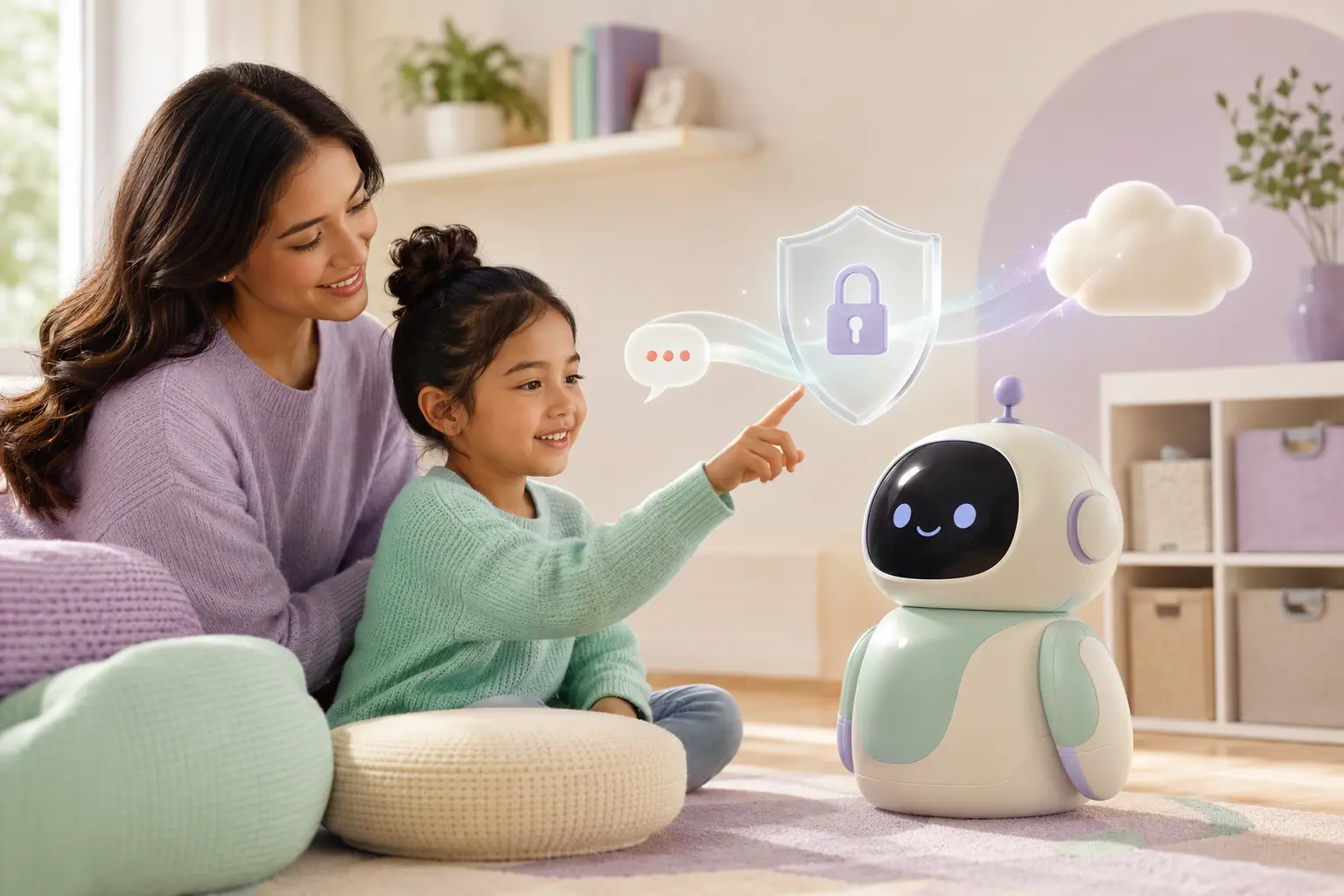 A mother and child reviewing voice privacy with a friendly generic robot