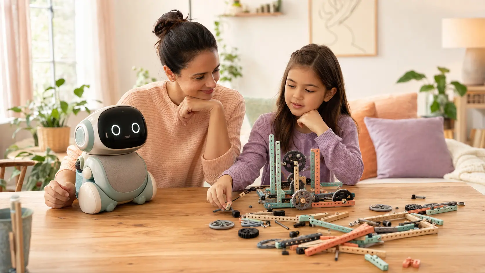A parent and child comparing a generic interactive robot with a hands-on engineering building kit