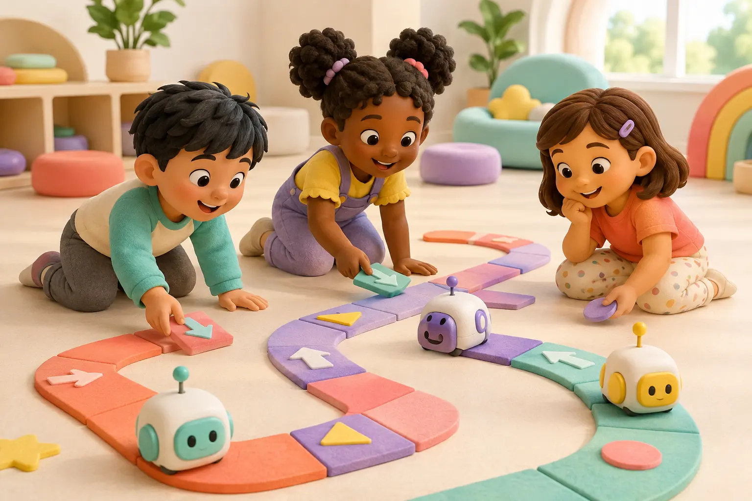 A parent and two children exploring friendly beginner coding robots and colorful command tiles