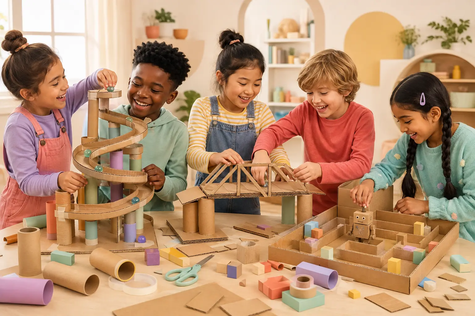 Children building colorful cardboard marble runs, bridges, and robot mazes together
