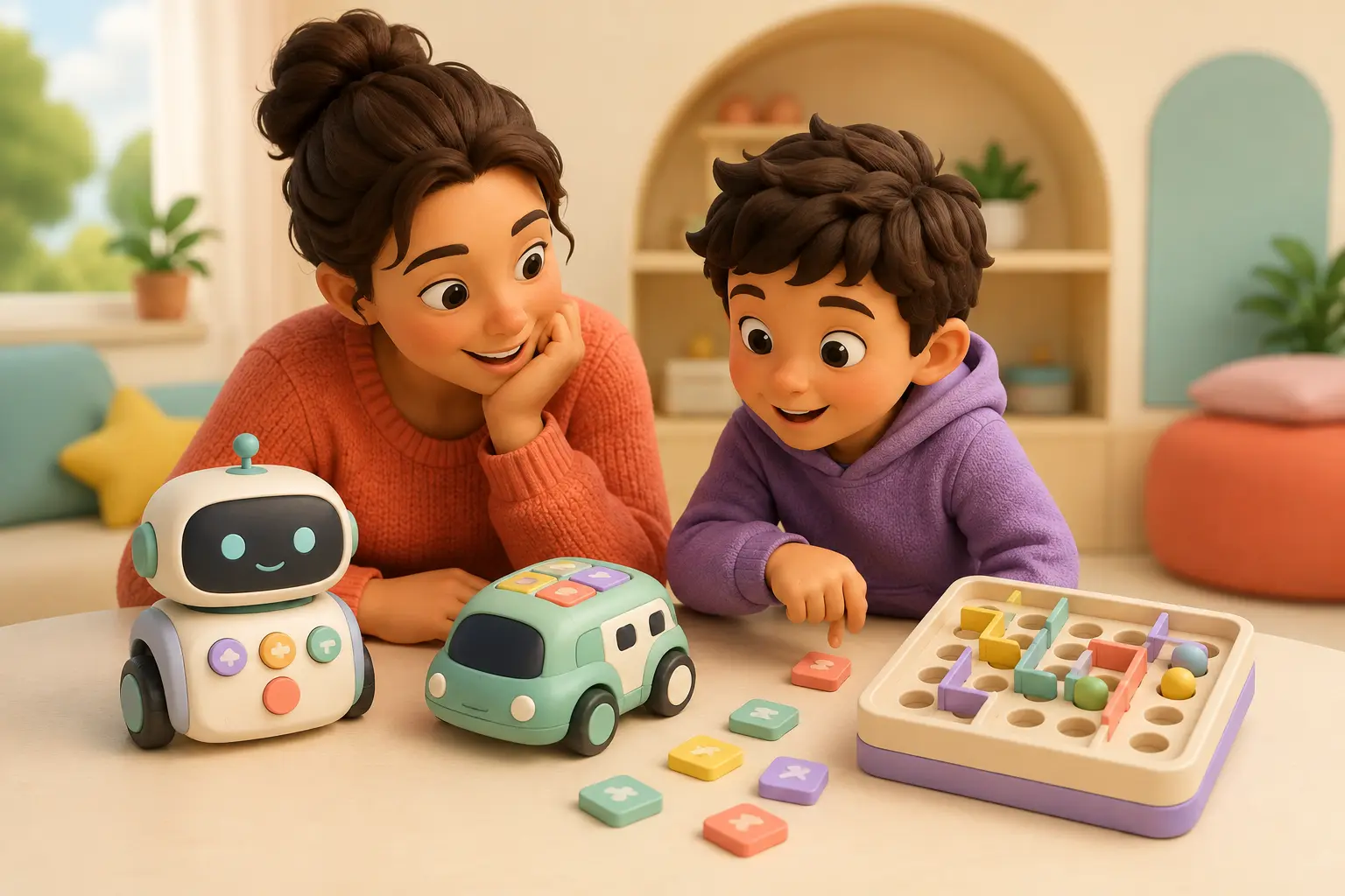 A parent and child comparing a button robot, a color-tile coding car, and a marble logic board