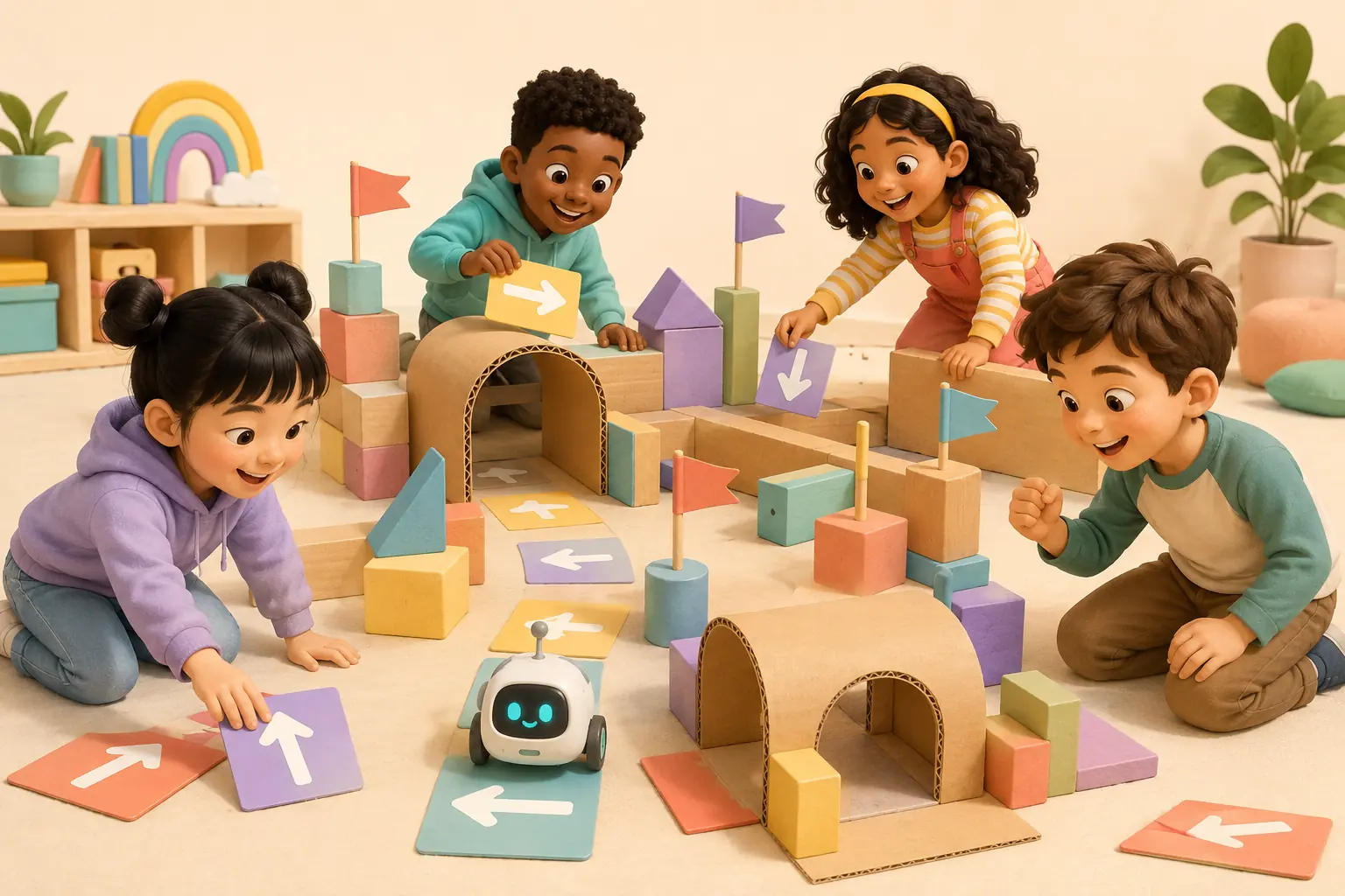 Four children building a colorful cardboard obstacle course for a friendly coding robot