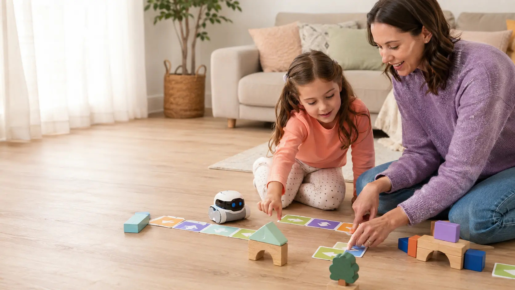 A parent and child using directional cards with a generic screen-free coding robot