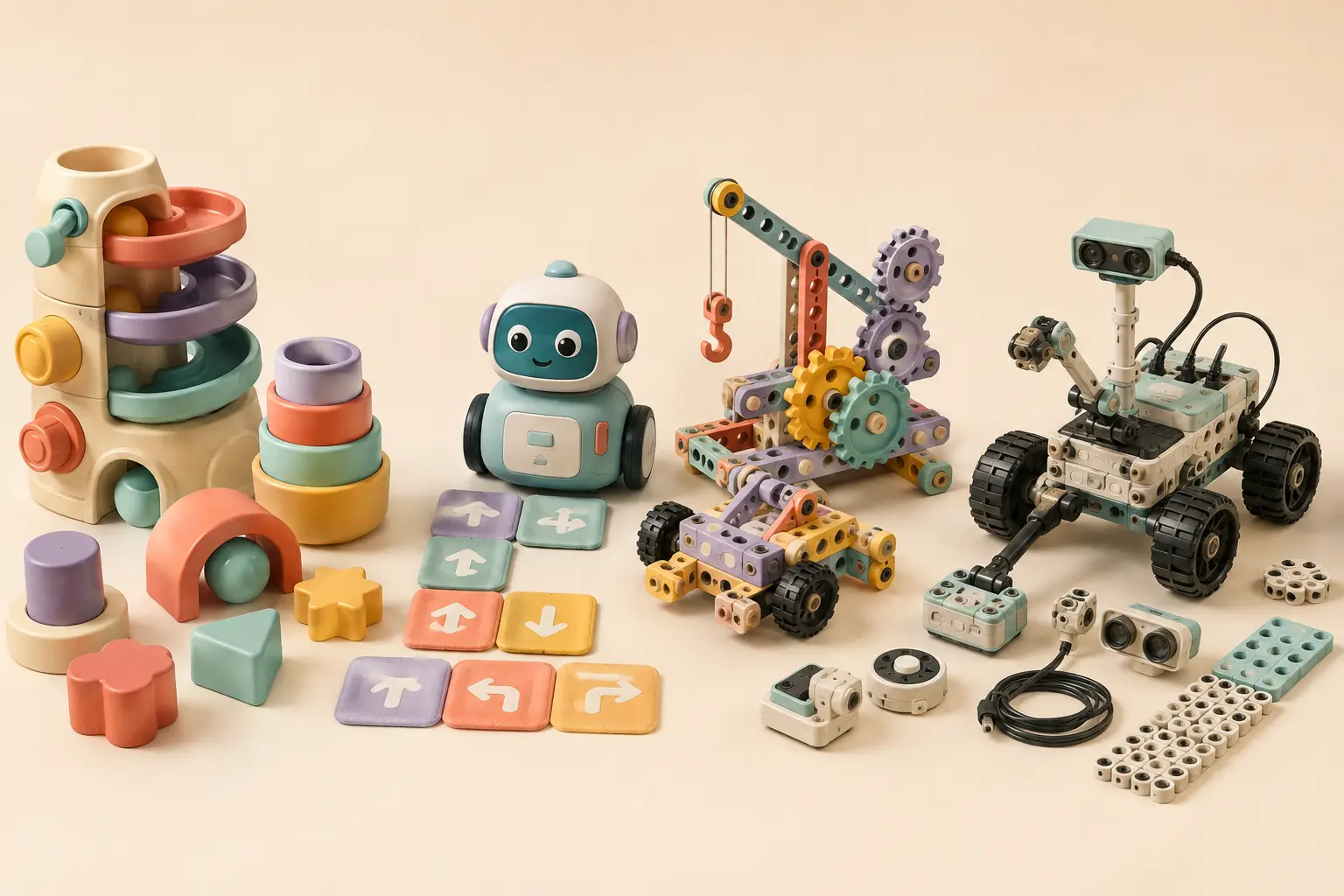 A progression of colorful cause-and-effect, coding, building, and robotics toys for different ages